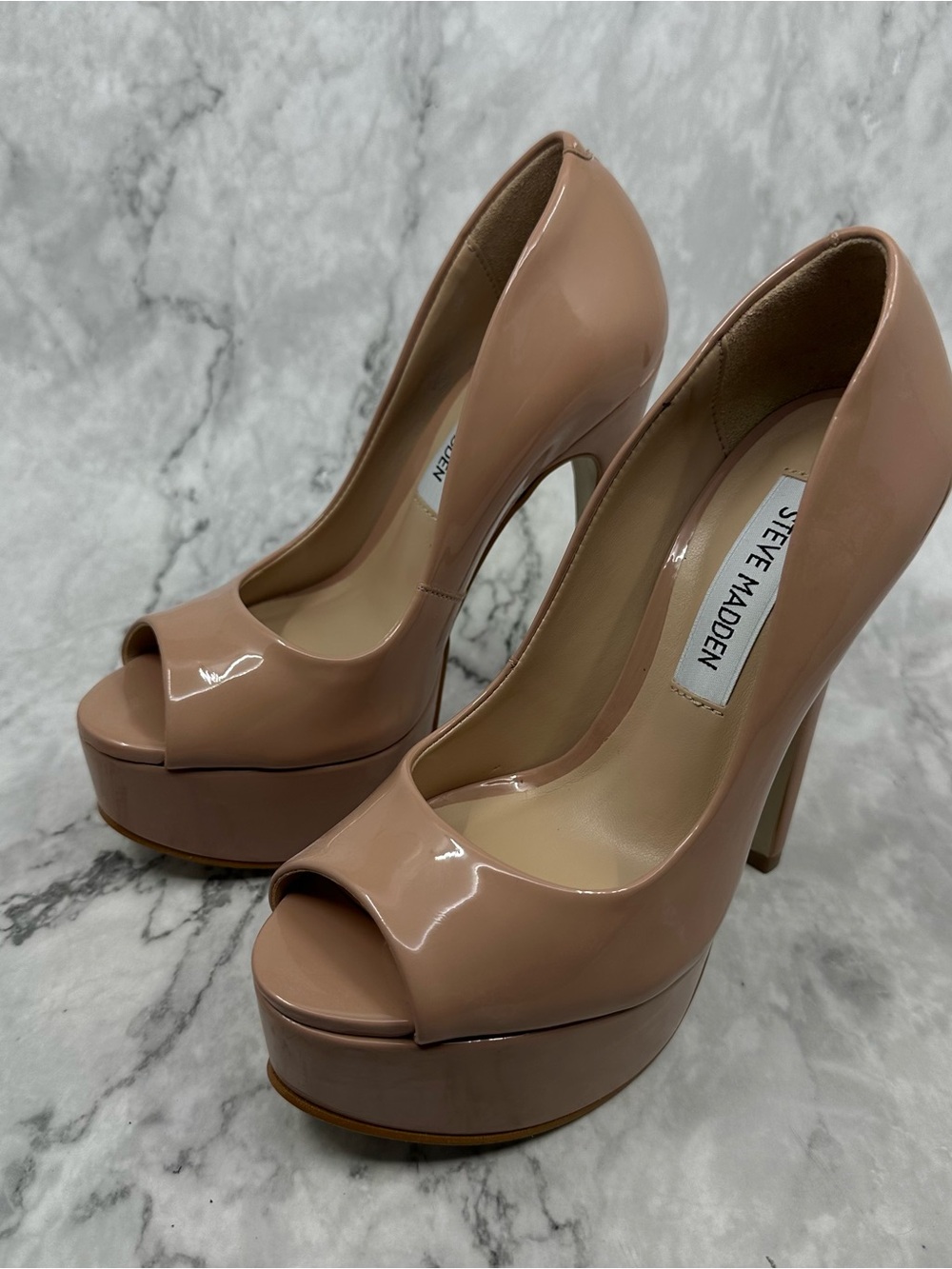 Steve Madden Nude Patent Peep-Toe Platform Pumps